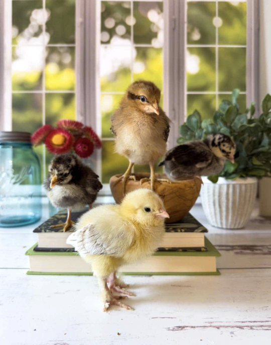 Baby chicks on a windowsill